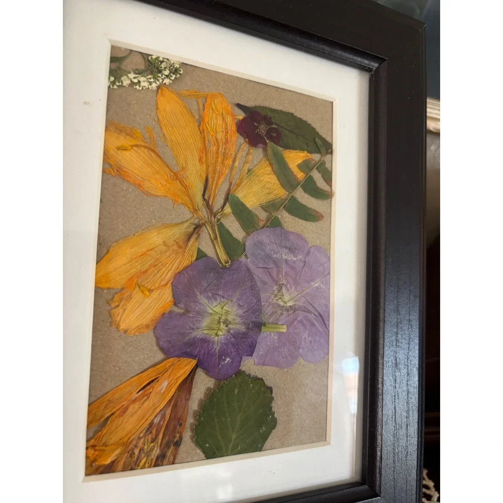 Pressed Flower Art Framed Botanical Wall Decor Yellow Purple Dried Floral 6x8